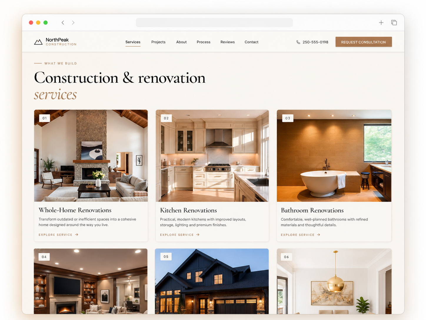 NorthPeak Construction concept website showing construction services, gallery and enquiry sections