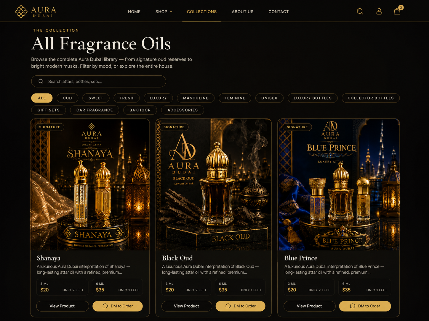 Aura Dubai fragrance ecommerce collection page with luxury attar bottles