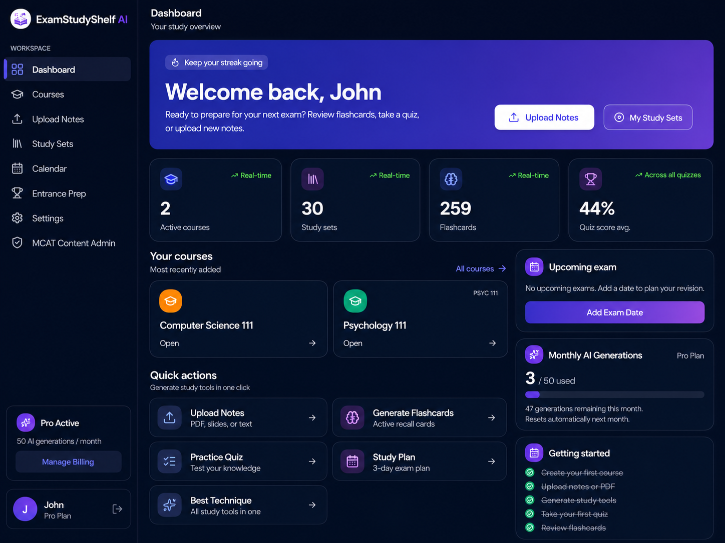 Dashboard from ExamStudyShelf AI showing courses, study sets and progress