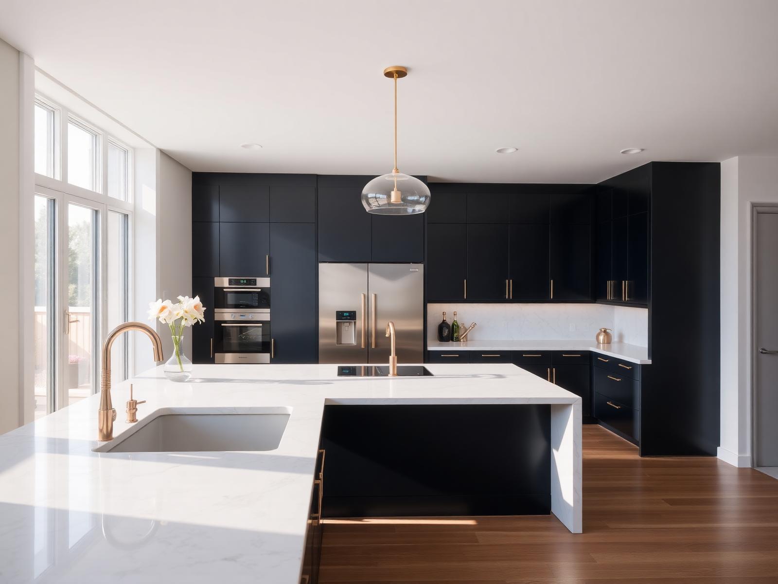 Modern renovated kitchen with navy cabinetry and marble countertops